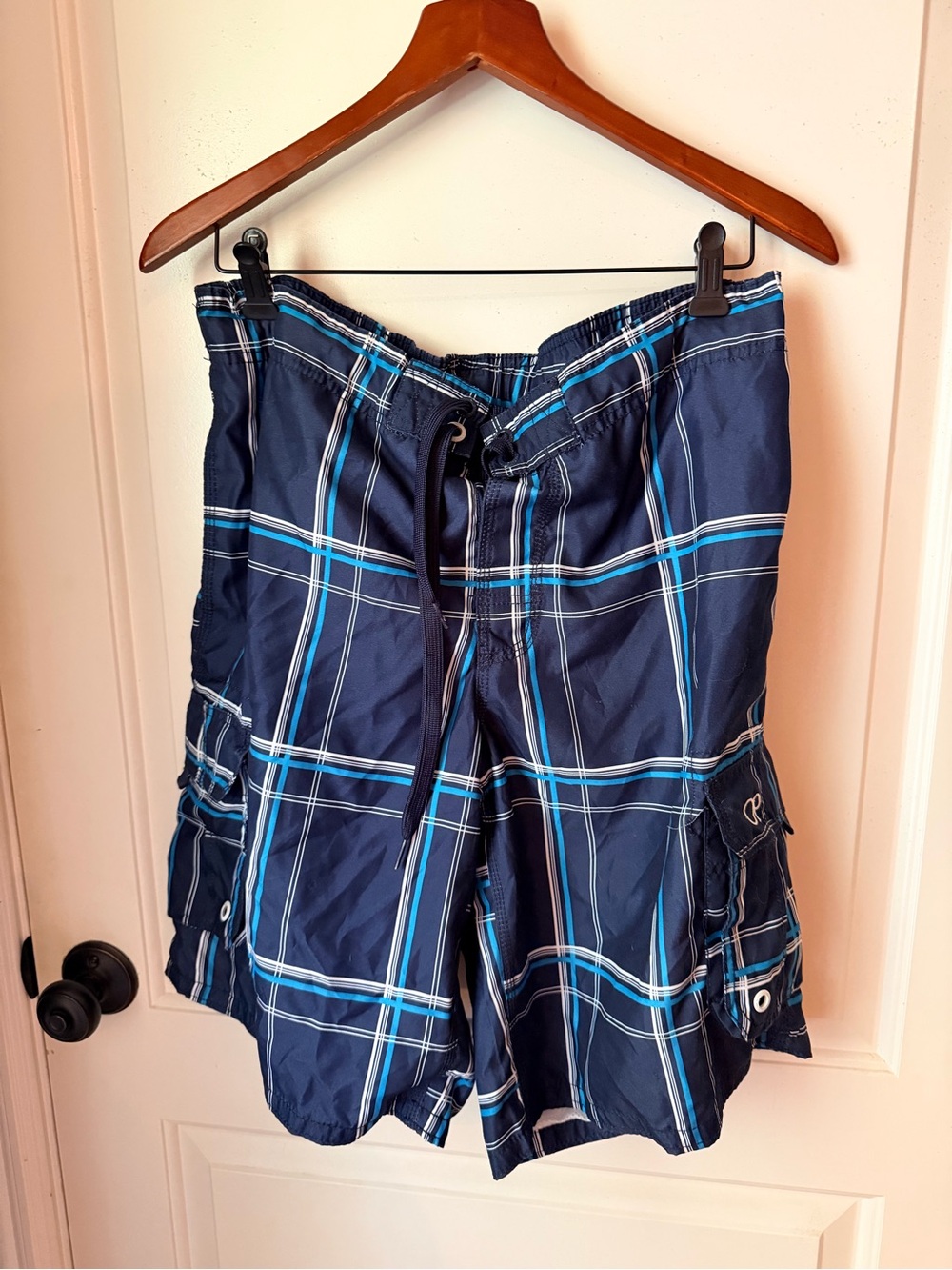 OP Navy Plaid Swim Trunks with Blue Stripe Detail